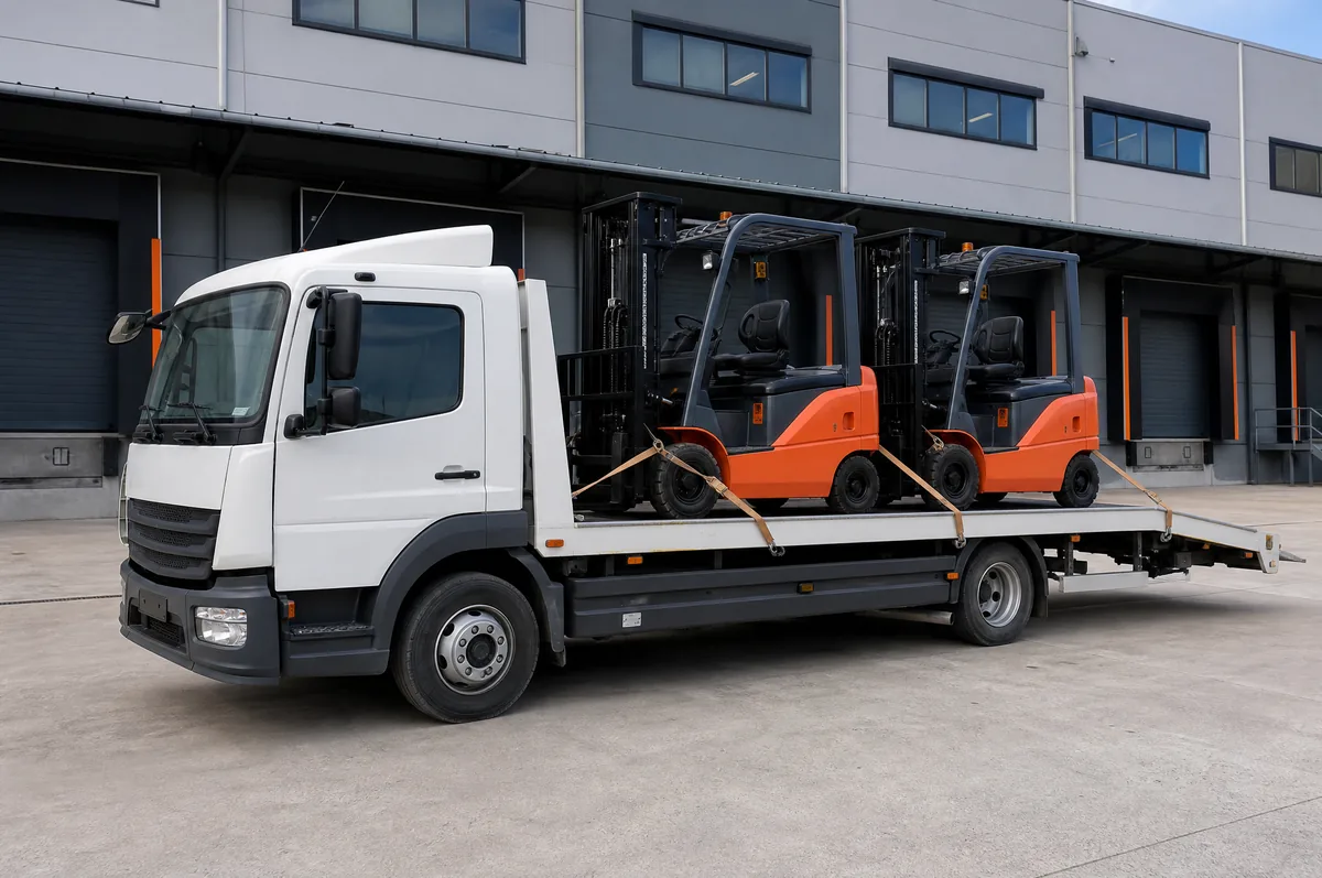 Hidrolik rampalı platform kamyon üzerinde kayışla bağlanmış iki forklift, Gebze lojistik deposu önünde