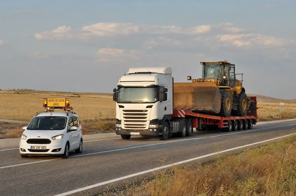 4 akslı lowbed üzerinde lastikli yükleyici ve önünde geniş yük eskort aracı, Anadolu karayolu
