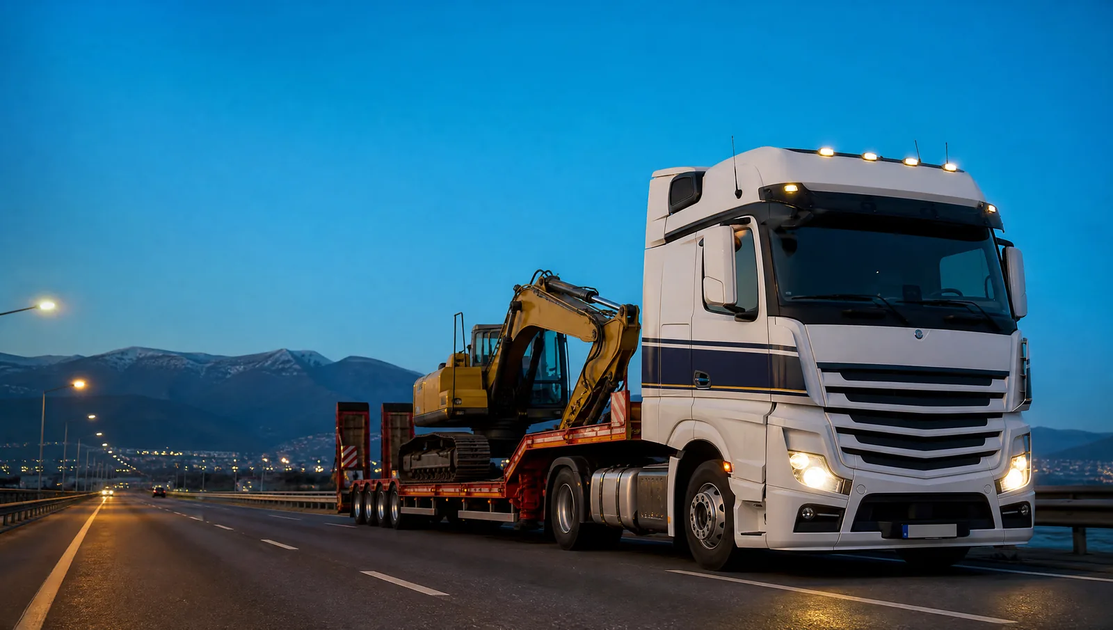 Akşam saatinde otoyolda lowbed dorseyle ekskavatör taşıyan Avrupa tipi çekici